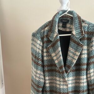 Blue and Brown Plaid Jacket with snap closures thick wool karen Kane.